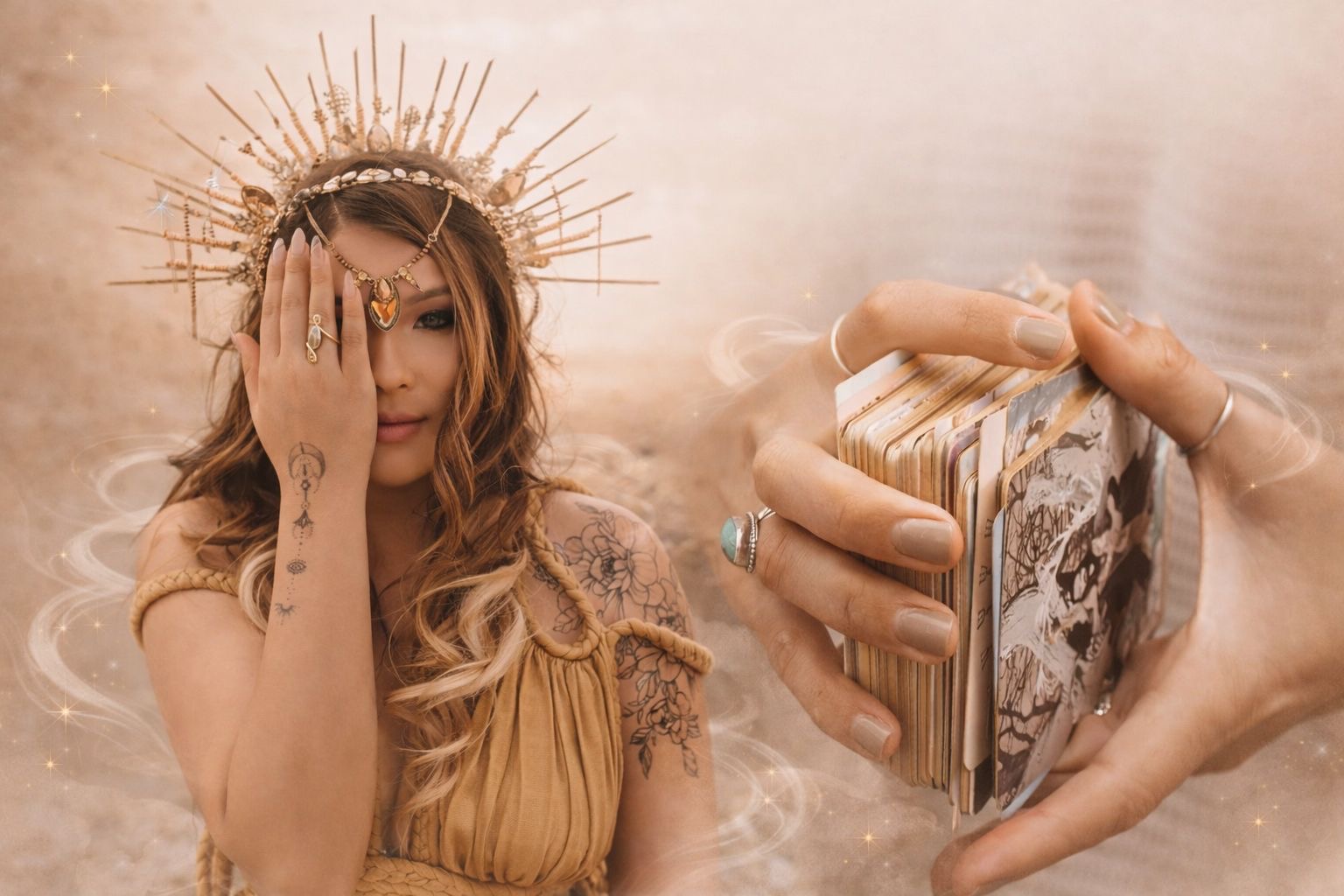 Lexia crowned with a golden halo, holding a tarot deck